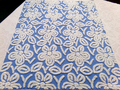 Daisy Dance Vintage Chenille Bedspread Fabric, Blue & White Floral Quilt Material 20" x 23" Piece