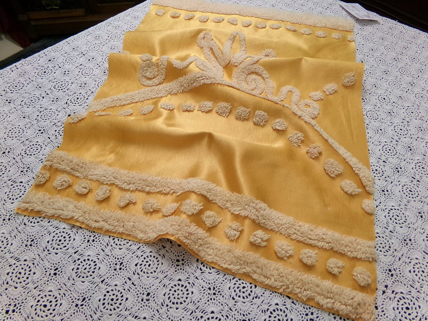 Shabby Gold Satin Vintage Chenille Tufted Fabric Swag Scroll 23x16"