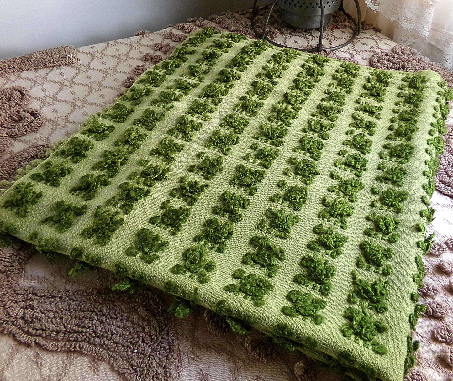 Hippie Chic Vintage Green Rosebud Chenille Fabric, Boho Rose Design