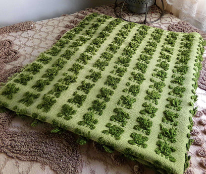 Hippie Chic Vintage Green Rosebud Chenille Fabric, Boho Rose Design