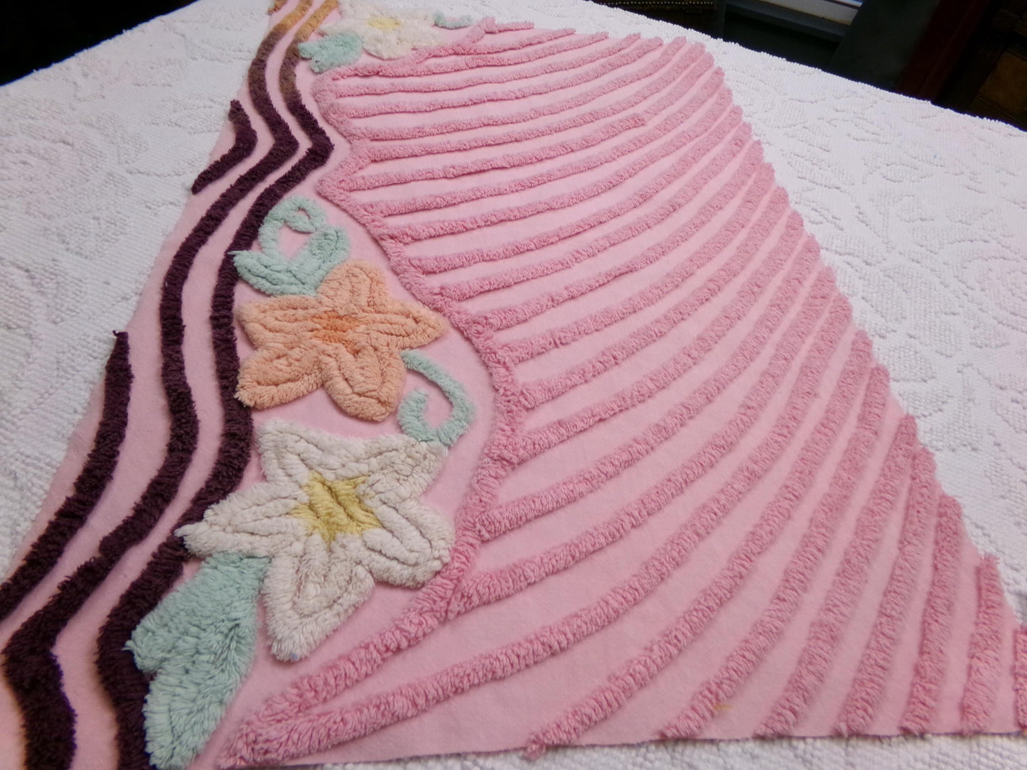 Shabby Sweet Vintage Chenille Fabric, Pink Floral Sewing & Quilt Material, 16" x 25" piece