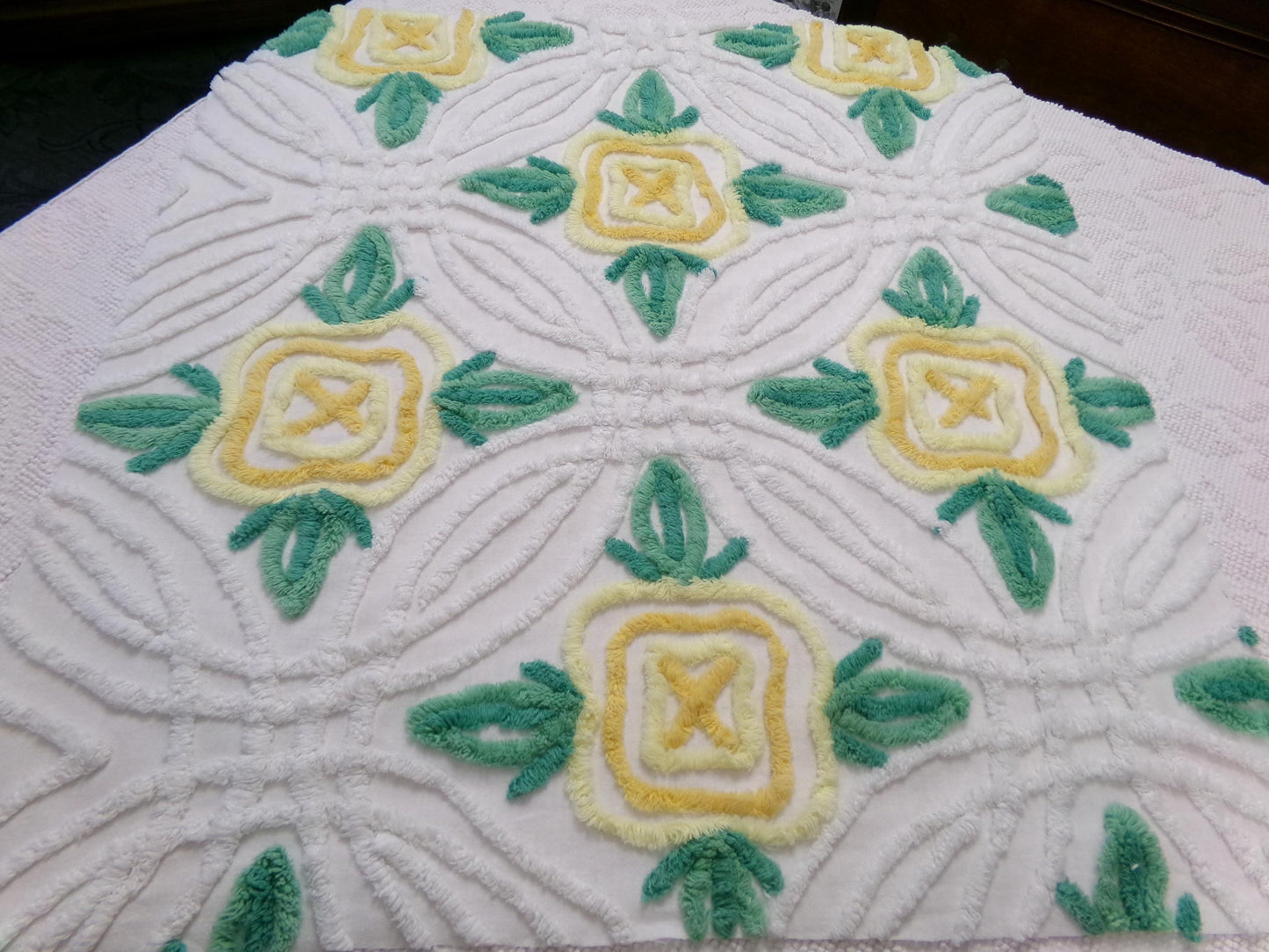 yellow cabbage rose vintage chenille bedspread fabric, cottage charm quilt material, 23" x 25" piece