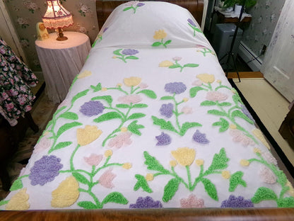 Y2K Vintage Style Chenille Bedspread, Summer Floral Burst TWIN Coverlet