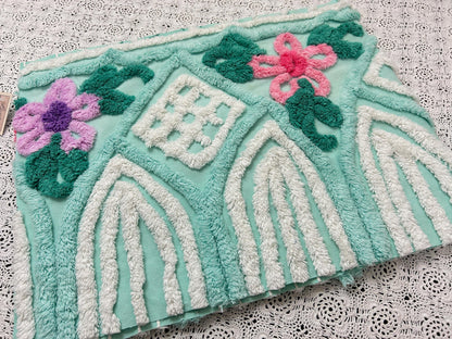 Seafoam Green Vintage Chenille Fabric, Plush Tropical Flowers 13x34" Piece