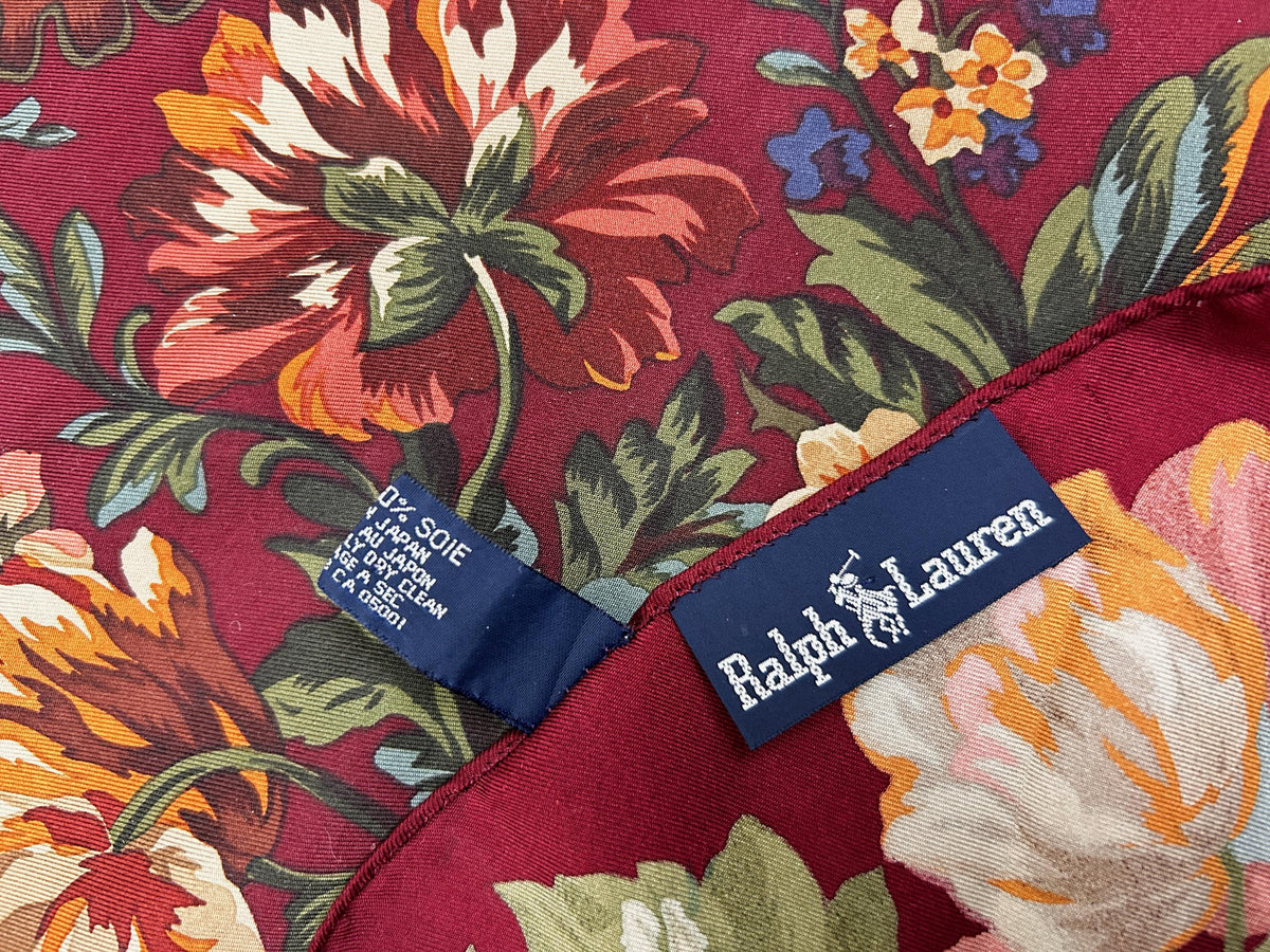 Vintage Ralph Lauren Silk Square Scarf Burgundy Floral Baroque Elegance Japan
