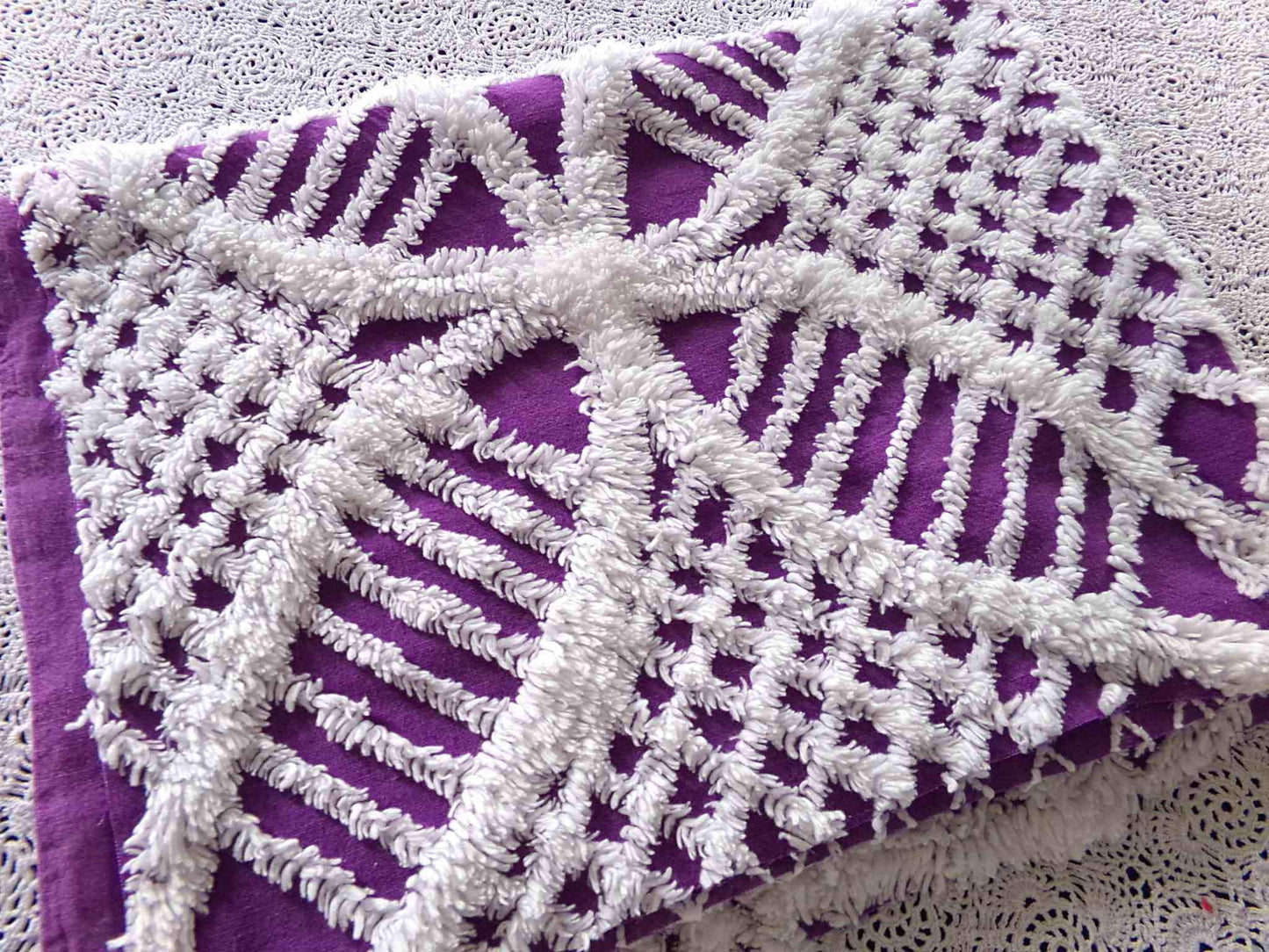 Vintage Chenille Fabric, 21" x 20" inch Piece, Snow White Geometric Design on Grape Purple
