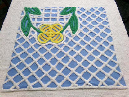 Vintage Blue Chenille Fabric, Yellow Flower on White Terrace Tuft, 22" x 23.5" Piece Sewing Quilt Material