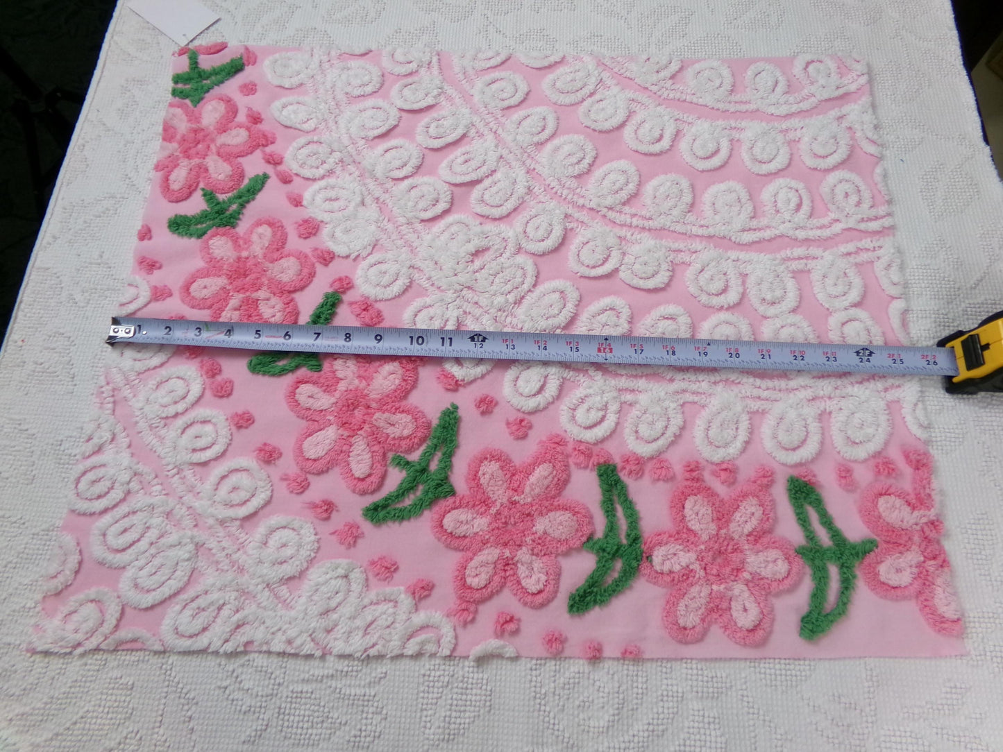 Flower Arch Vintage Chenille Bedspread Fabric, Pink Floral Sewing Material 20" x 24" Piece