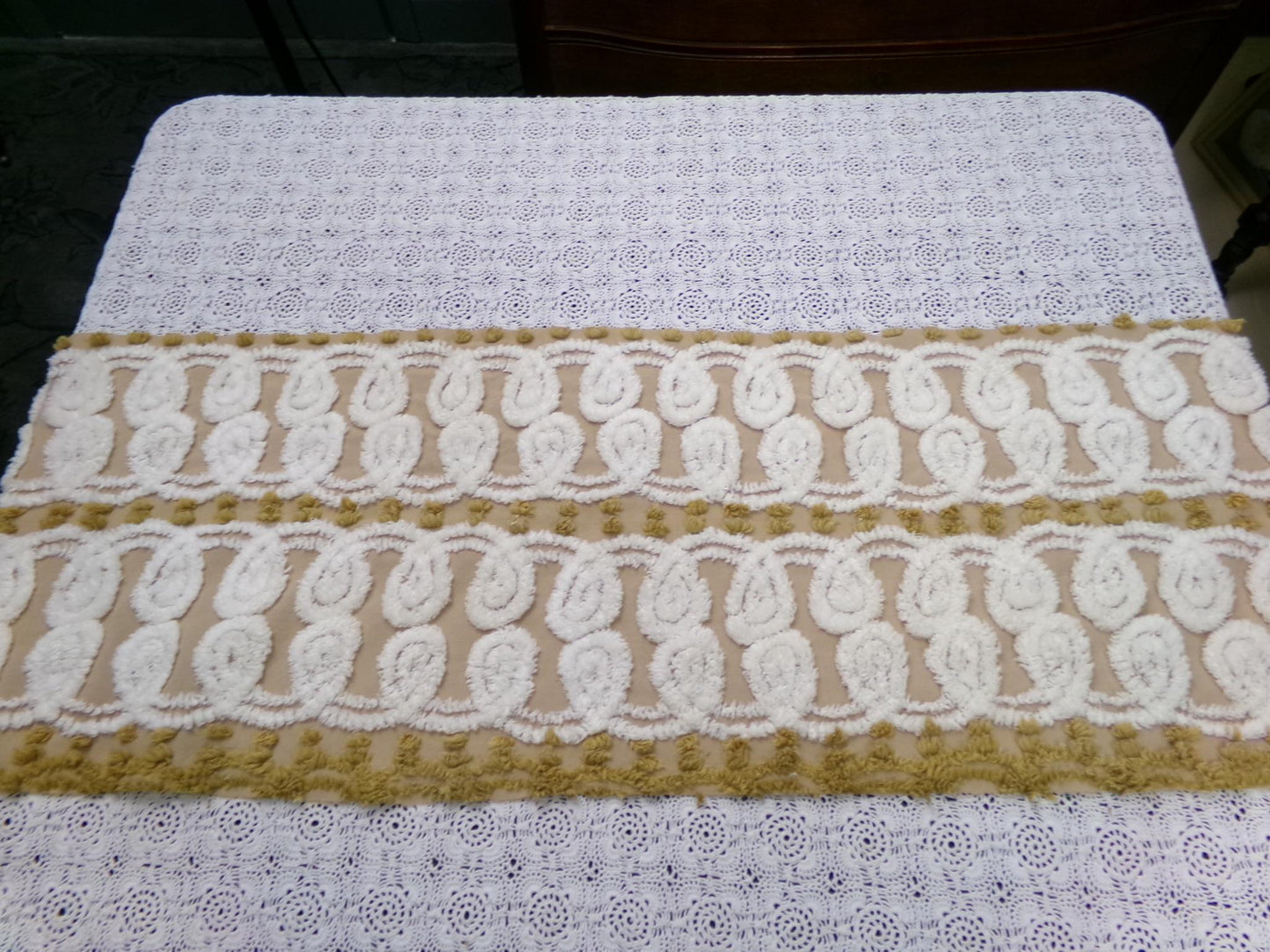 Vintage Chenille Fabric, Creamy Caramel White Dot Swirl Design 12x38" Pc