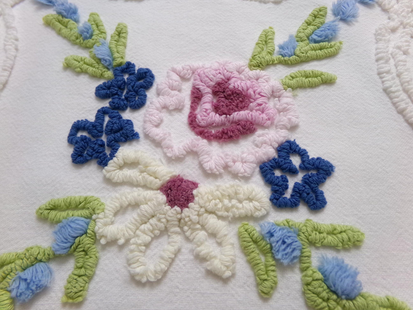 Shabby Coastal Vintage Chenille Fabric, Blue & White Floral Sewing Material 21" x 23" Piece