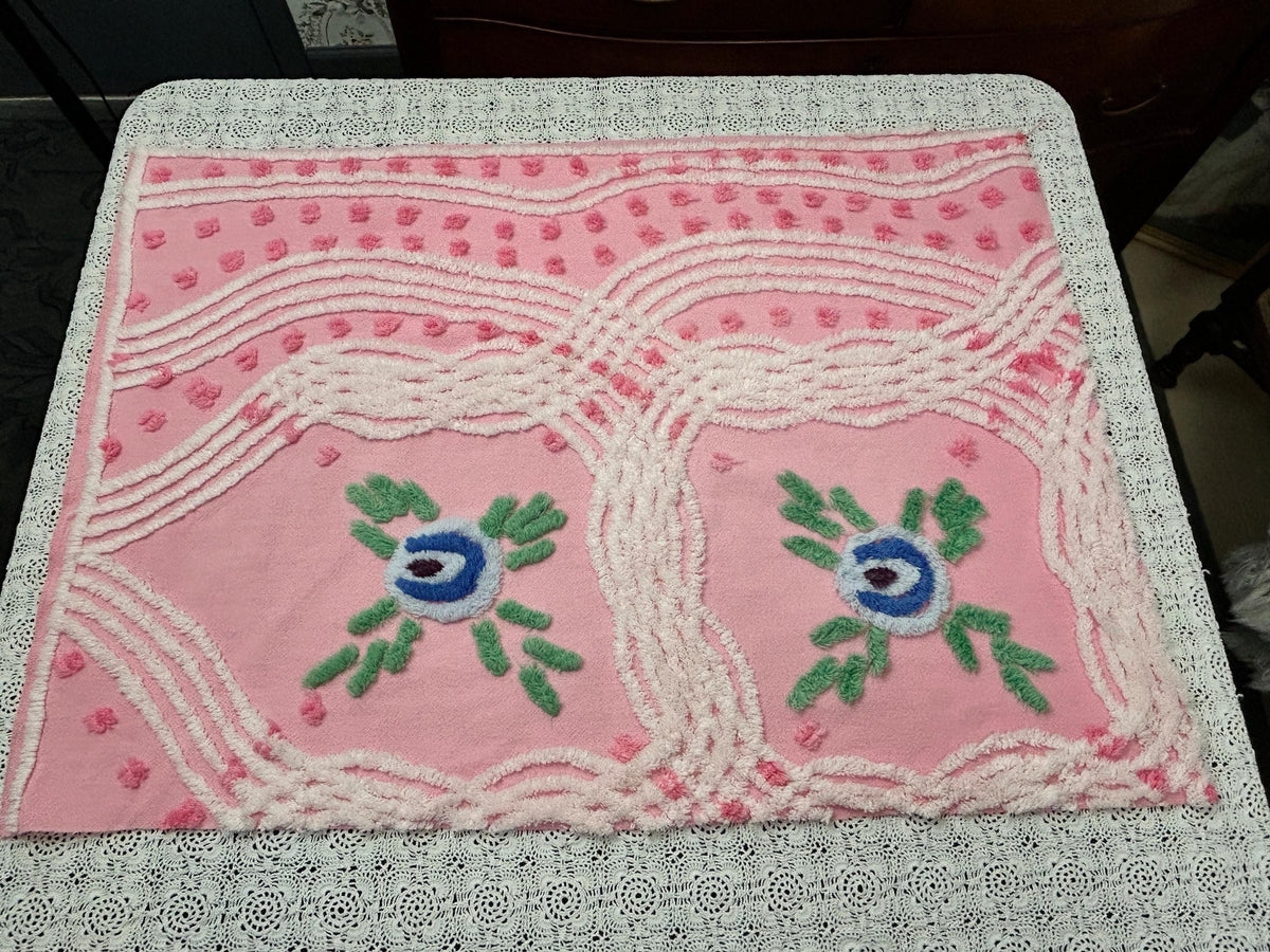 Vintage Pink Floral Chenille Fabric, Cottage Style 20x30" Quilting Sewing Textile