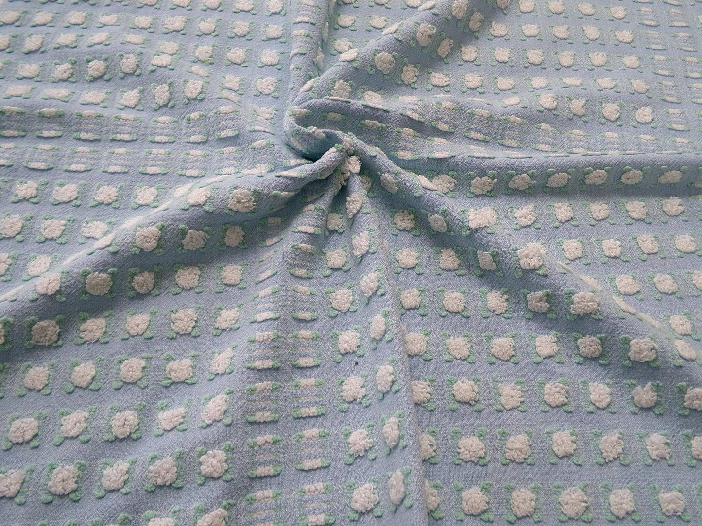 White Rosebud Vintage Blue Chenille Fabric, Shabby Phantom Rose Morgan Jones, 19x26"