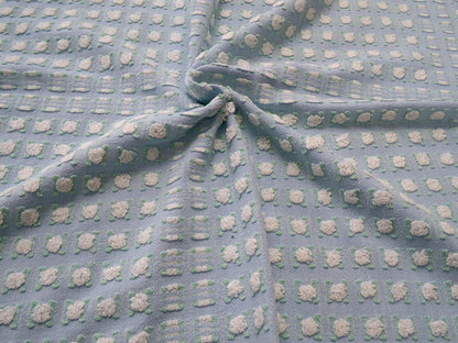 White Rosebud Vintage Blue Chenille Fabric, Shabby Phantom Rose Morgan Jones, 19x26"