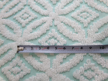 vintage aqua chenille fabric, white petals geometric design, 20" x 24" piece of sewing material