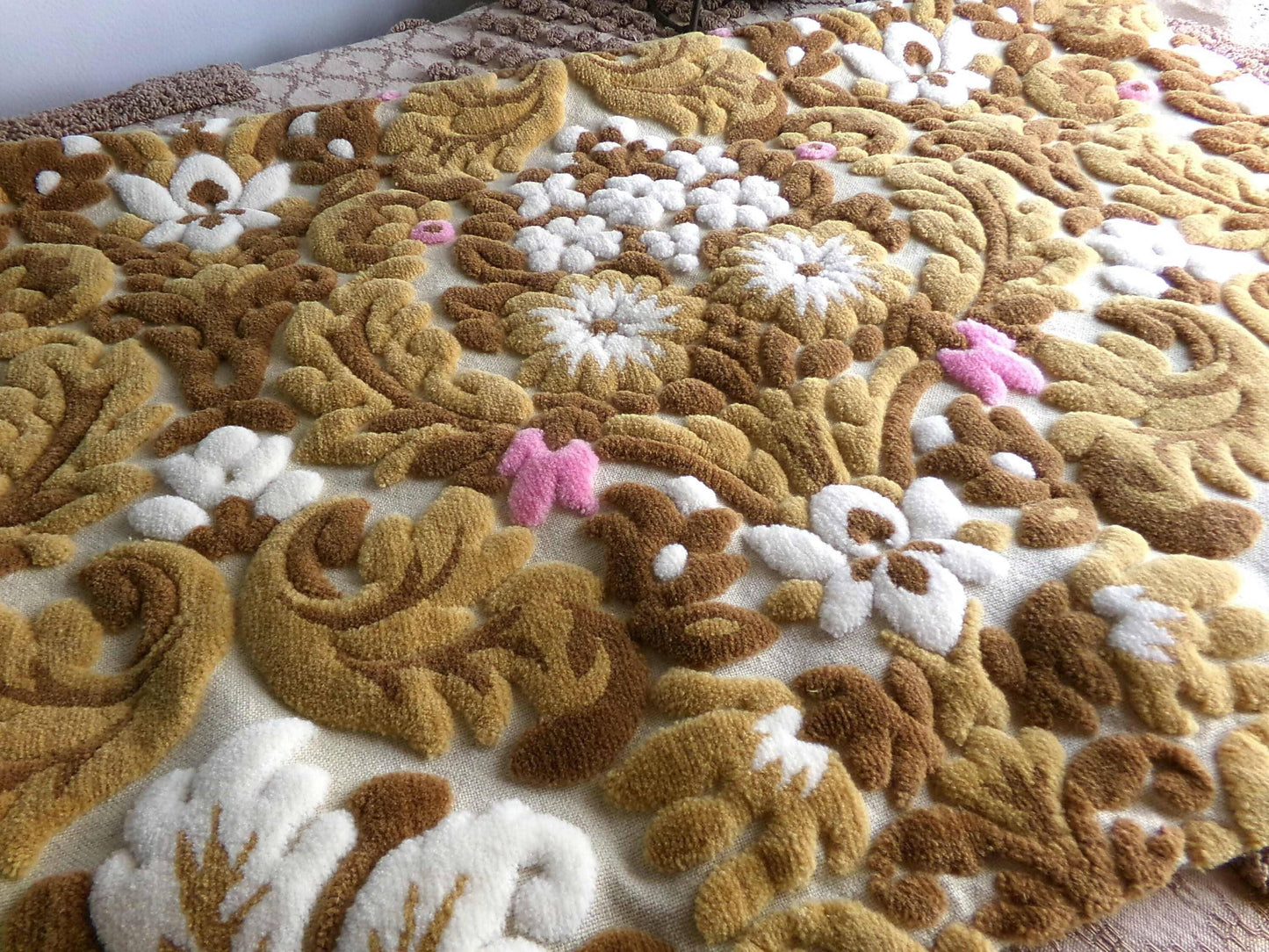 lux caramel chocolate cut velvet fabric, vintage Bates tapestry chenille, 12" x 21" inch piece, ideal sewing material for bags