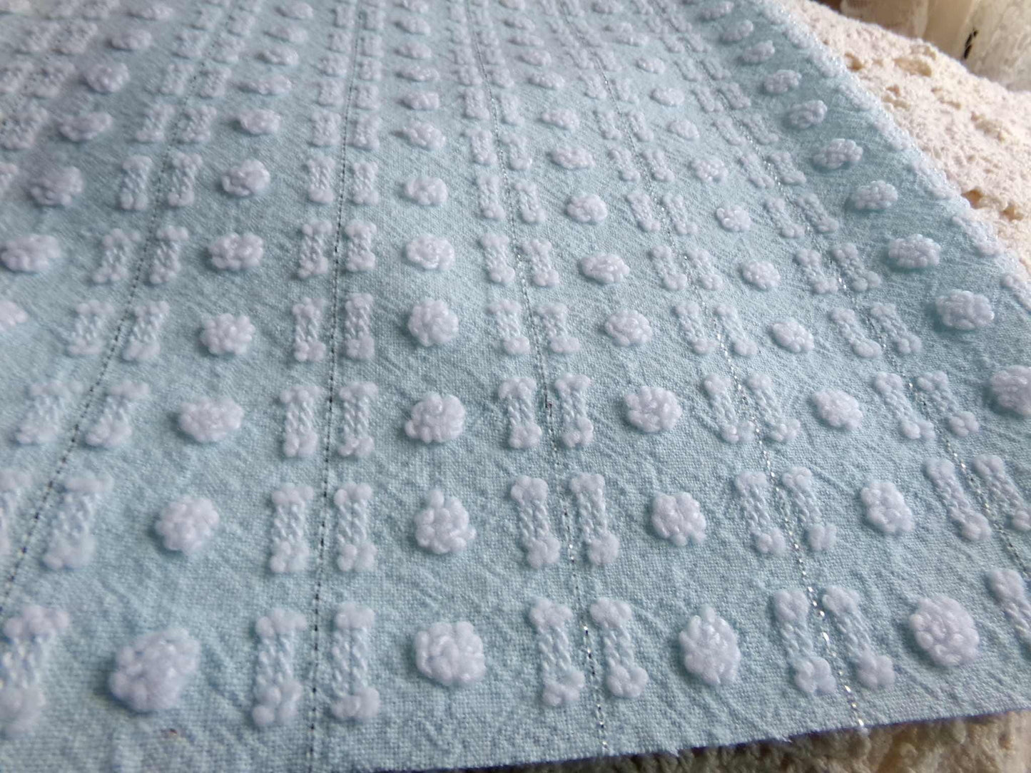 Aqua White Vintage Chenille Quilt Fabric, Petite Double Dash Dot, Silver Lurex, 19x22"
