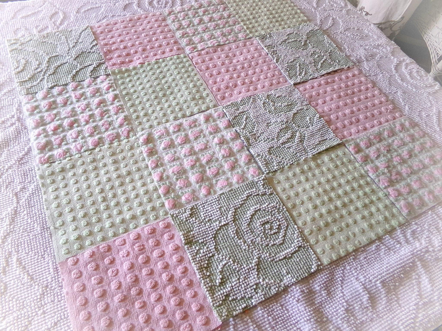 blossom & botanical vintage chenille fabric squares, rotary cut set of 16 quilt blocks 6" each in pink, green