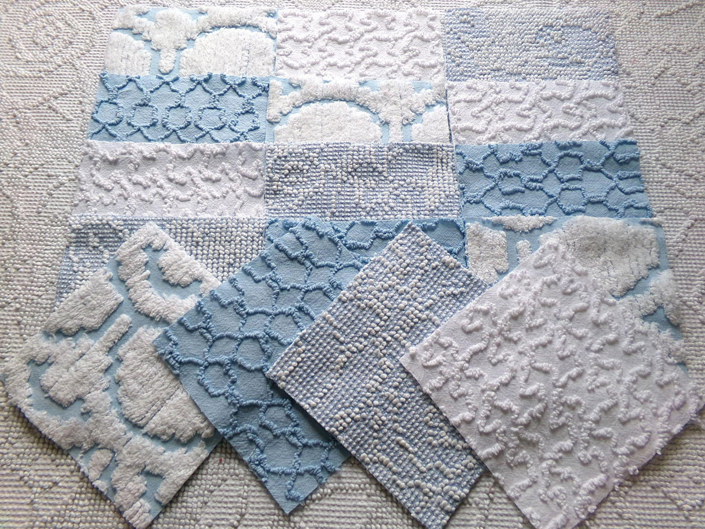 seaside wanderings chenille fabric squares, 16 vintage 6" quilt blocks in coastal blue & white, for sewing, crafts, fiber arts