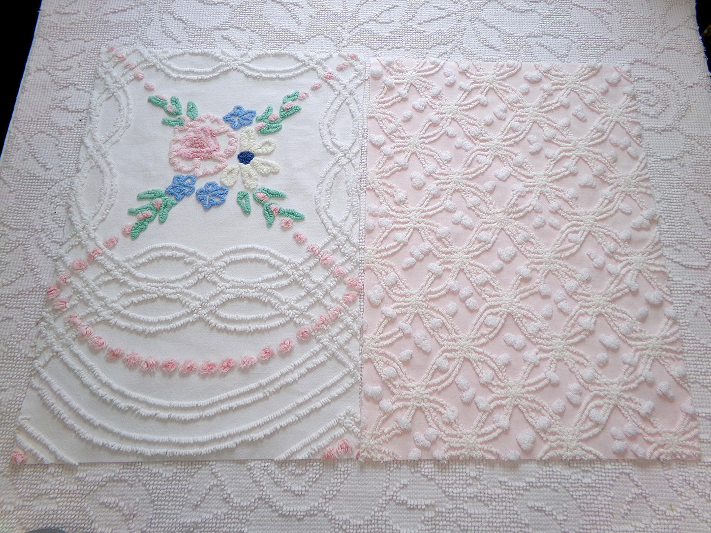 Floral Pink Vintage Chenille Fabric Bundle for Sewing, Quilting in Popular Cottage Style Patterns | 2 Pieces 12" x 18" each