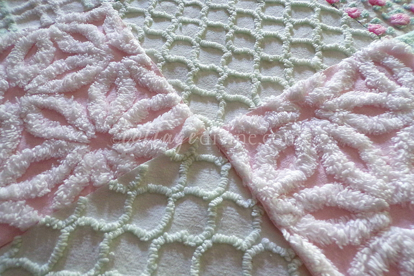 Picnic Pink & Green Chenille Fabric Squares Set of 16 Quilt Blocks, 6" x 6" inches each, Pretty Green, White, Pink Rosebud