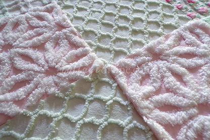 Picnic Pink & Green Chenille Fabric Squares Set of 16 Quilt Blocks, 6" x 6" inches each, Pretty Green, White, Pink Rosebud