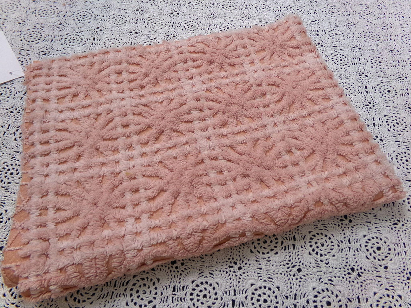 Vintage Chenille Fabric 14 x 19" Blush Pink Starburst Geometric Quilt Material