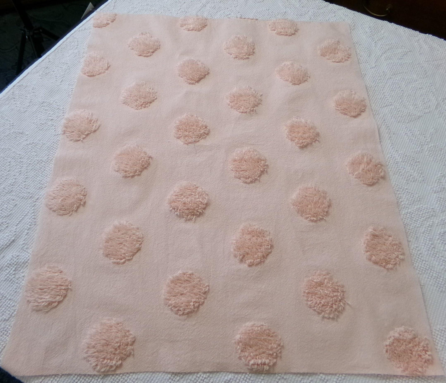 blush pink vintage style chenille fabric, large dot quilt sewing material, 18" x 24" piece