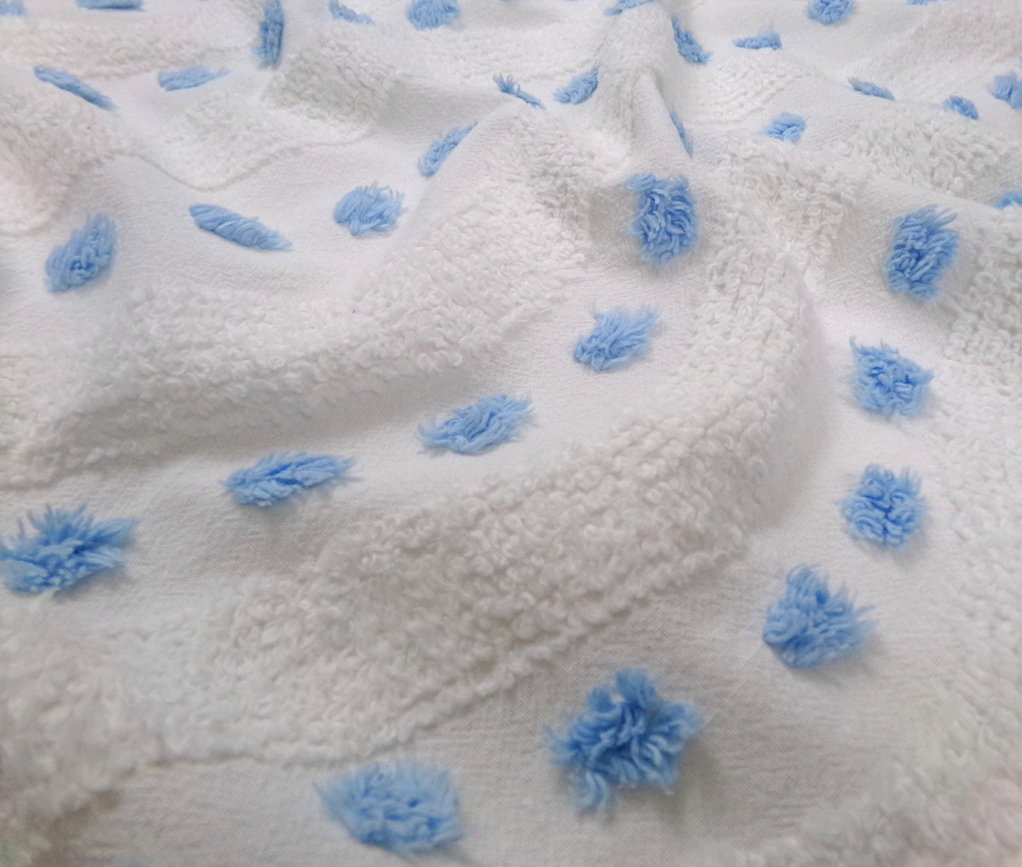 Vintage Chenille Fabric Piece, Shabby Lightweight Blue & White Wave Dots, 16" x 23"