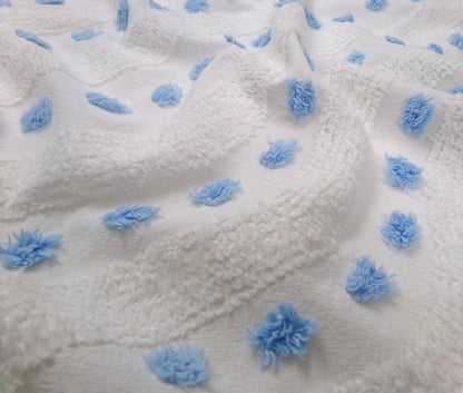 Vintage Chenille Fabric Piece, Shabby Lightweight Blue & White Wave Dots, 16" x 23"