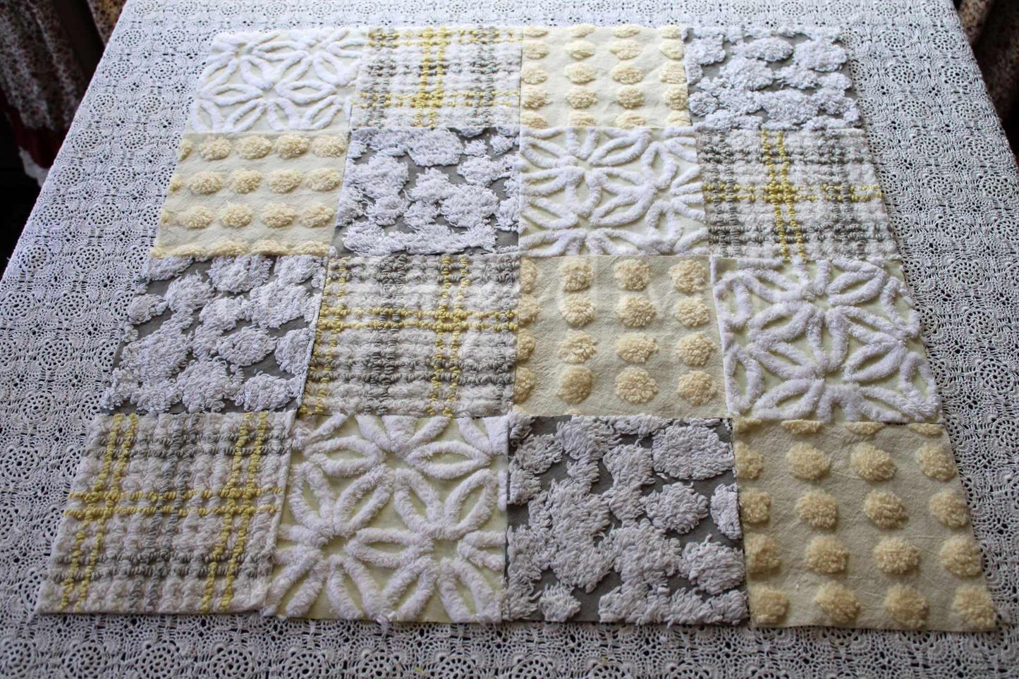 vintage chenille quilt squares, sunshine through clouds, set of 16 grey, white & yellow 6" geometric quilt blocks