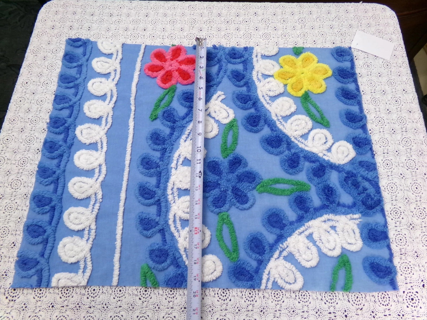 Colorful Blue Vtg Chenille Bedspread Fabric 19x24" Pc Floral Sewing Material