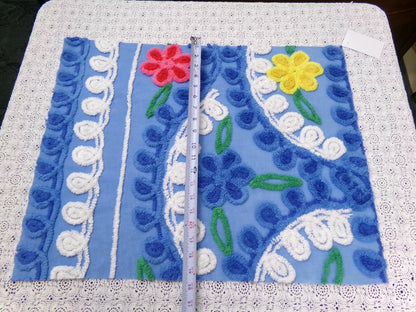 Colorful Blue Vtg Chenille Bedspread Fabric 19x24" Pc Floral Sewing Material