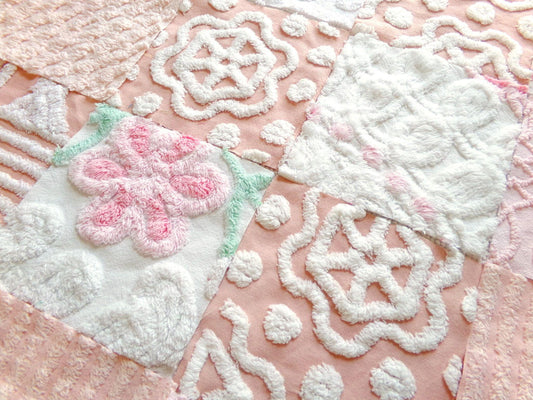 dainty vintage 6" chenille fabric squares, set of 16 quilt blocks in peach, pink & white colors for sewing, crafts, fiber arts