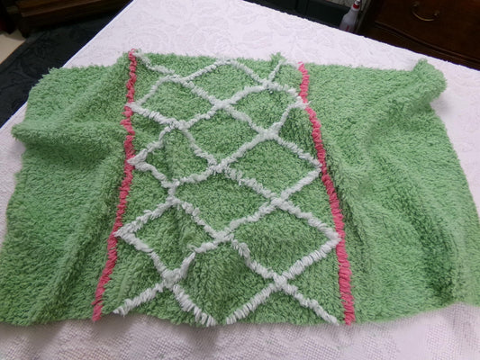 vintage apple green chenille fabric, plush terrytuft geometric design, 18" x 32" piece