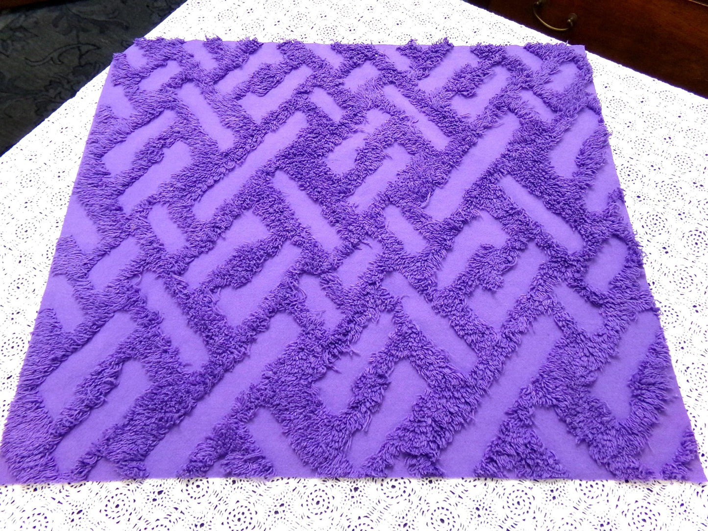 Vintage Royal Purple Chenille Fabric 18 x 24" Labyrinth Maze Geometric Boho Quilt Sewing Material
