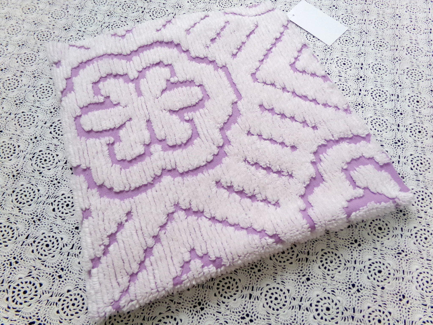 Lavender White Vintage Chenille Fabric Piece 25x26" Daisy Diamond Geometric