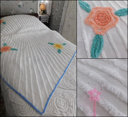 cottage style vintage chenille bedspread, spring flower basket on radiating white sunburst tufting, full size cotton bedding
