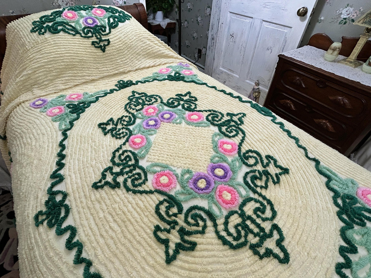 Vintage Yellow Chenille Bedspread, Lollipop Roses & Green Medallion Scrolls, Full Size