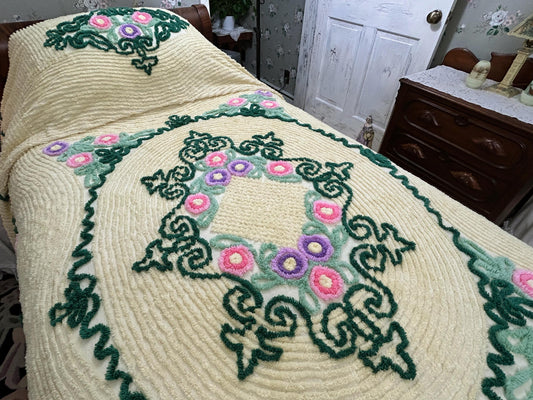 Vintage Yellow Chenille Bedspread, Lollipop Roses & Green Medallion Scrolls, Full Size