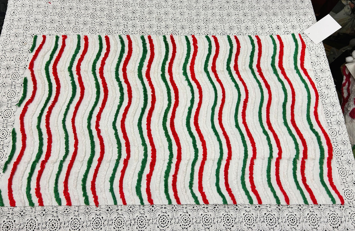 Vintage Christmas Chenille Fabric, Red, Green & White Ripple Stripe 16x27"