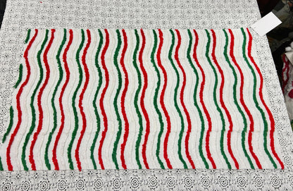 Vintage Christmas Chenille Fabric, Red, Green & White Ripple Stripe 16x27"