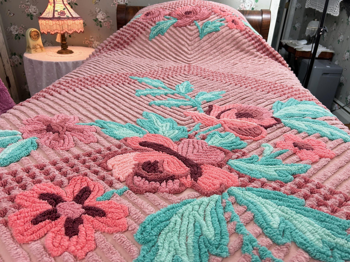 Vintage Chenille Bedspread Twin Dusty Pink Aqua Floral Bouquet Cottage Shabby