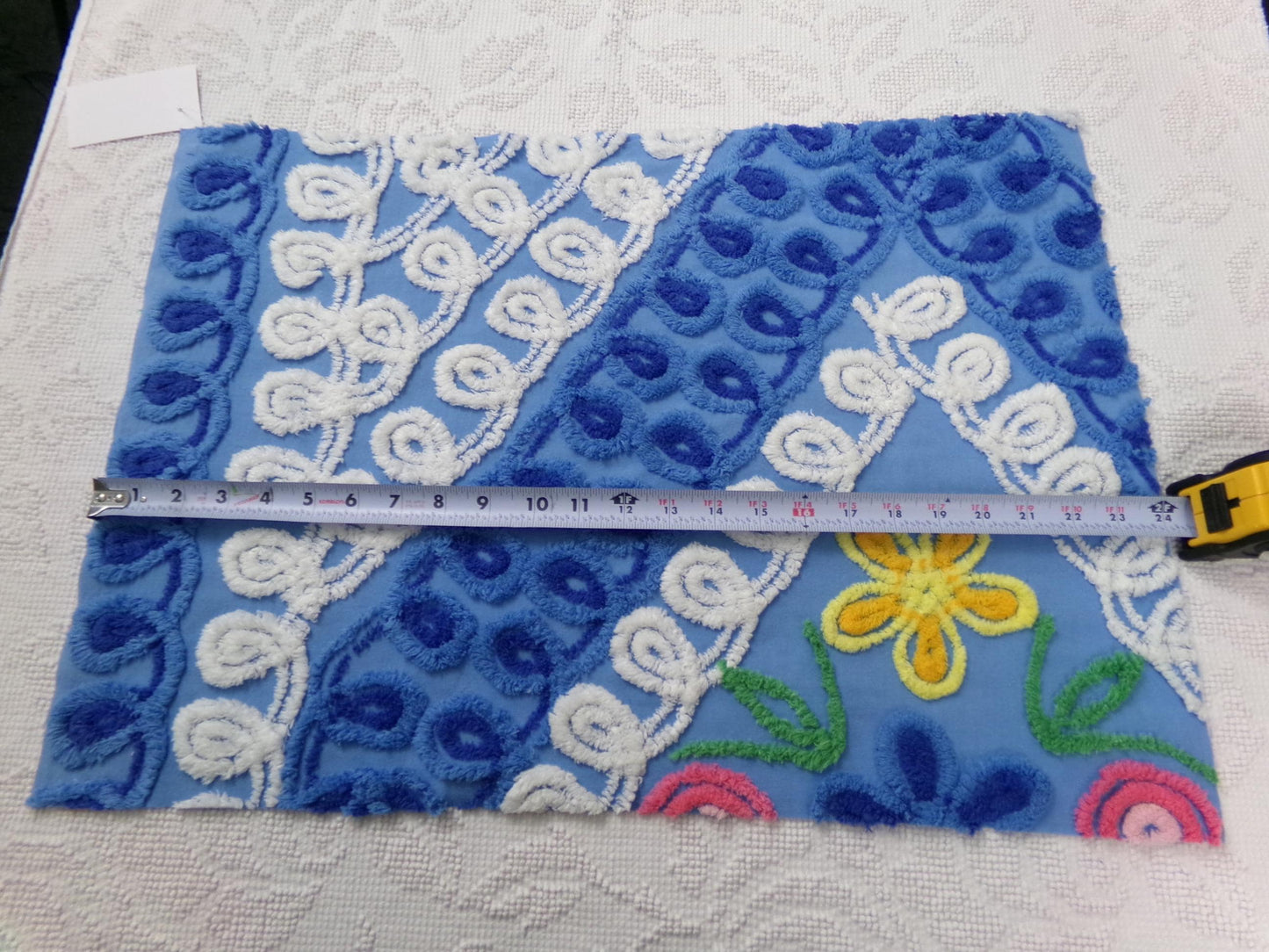 Vintage Chenille Bedspread Fabric, Boho Coastal Blue & White 16" x 23" Piece Sewing Material