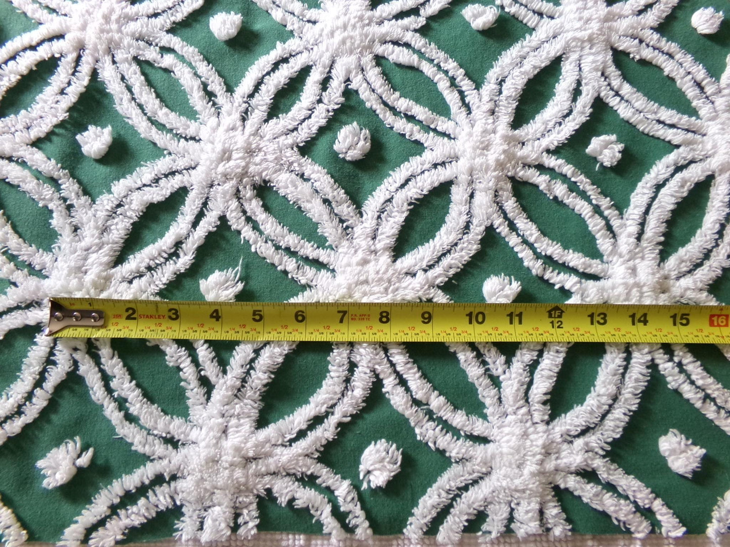 Evergreen Vintage Chenille Fabric, White Wedding Rings & Dots, 20x27" Piece