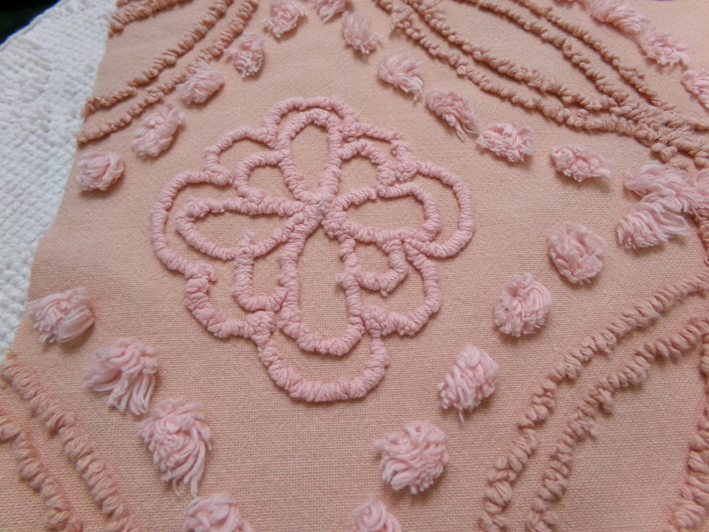 Boho Earthy Vintage Chenille Bedspread Fabric Piece, Cathedral Daisy Dot Design, 19" x 24"