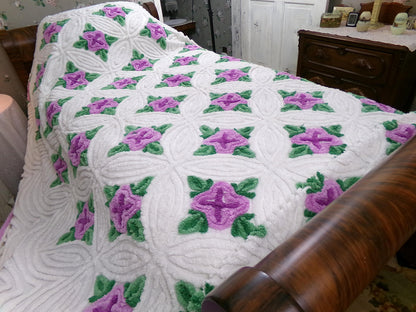 Lavender Cabbage Rose Blooms 1940s White Cotton Chenille Bedspread, FULL Size