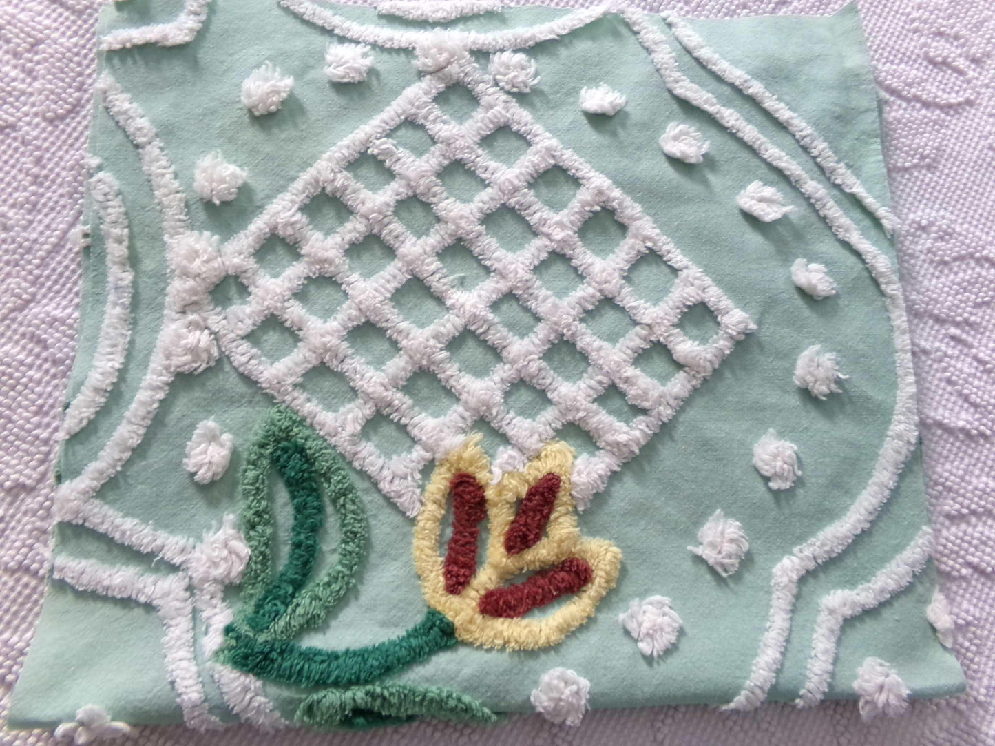 springtime tulip vintage chenille fabric, mint green floral cotton sewing material, 13" x 23" inch piece