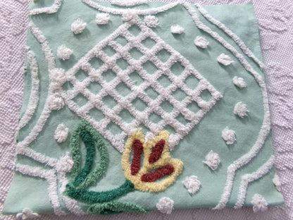 springtime tulip vintage chenille fabric, mint green floral cotton sewing material, 13" x 23" inch piece