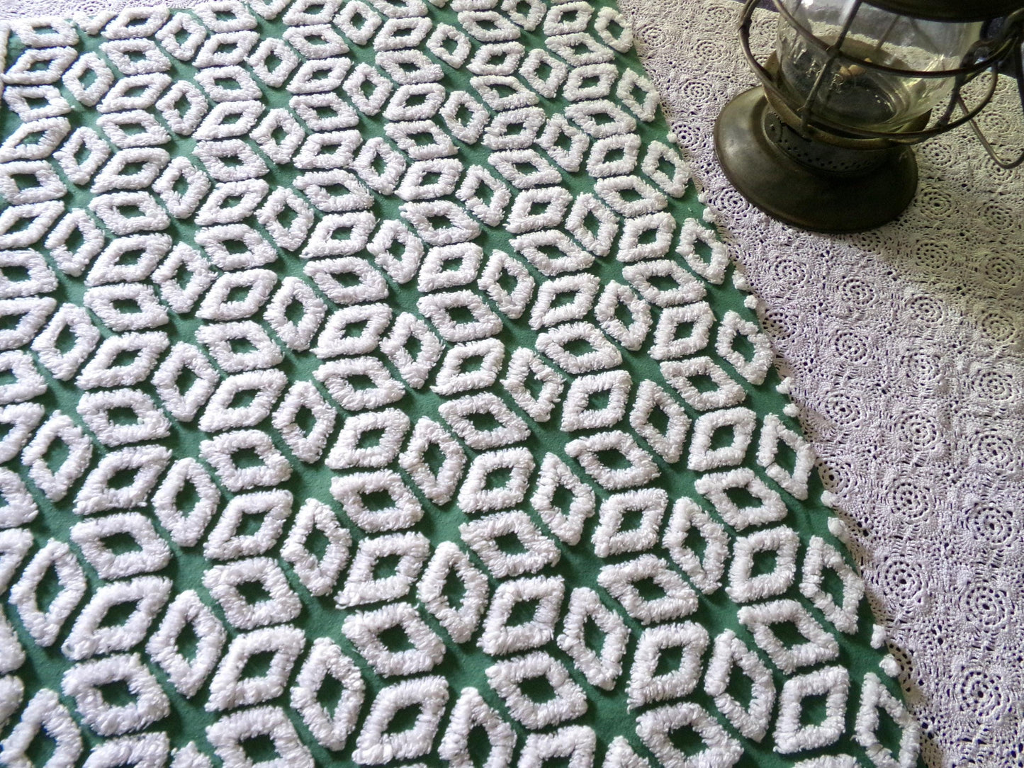 white snowflakes on rich green vintage chenille fabric, 18" x 25" inch piece of cotton sewing material for quilting & crafts