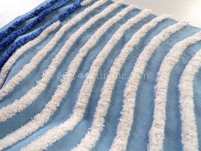 Gentle Waves Vintage Chenille Quilt Fabric, 26" x 16.5" Piece, 100% Cotton White Tufting on Blue